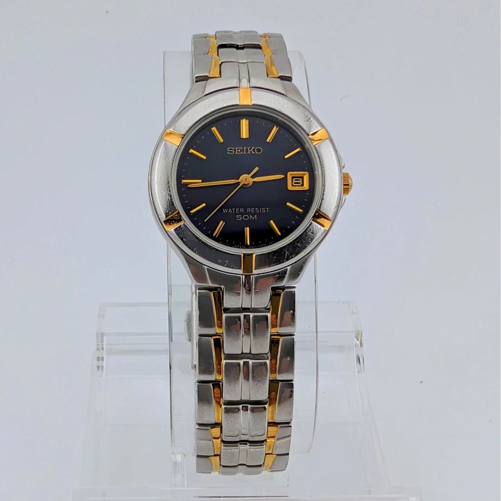 Seiko 7N82-0AG0 Blue Sunburst Two Tone Date Quartz Watch 50M